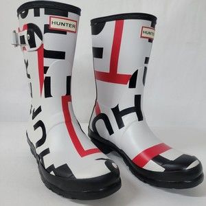 Hunter Exploded Logo Print Original Short Rubber Boots Women's 7 Red White